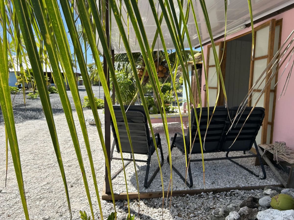 La terrasse du fare Tohonu, derrière les palmes