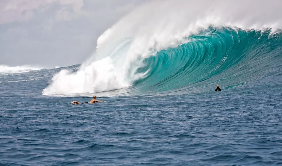 Deux surfeurs au line-up devant une vague creuse qui déferle